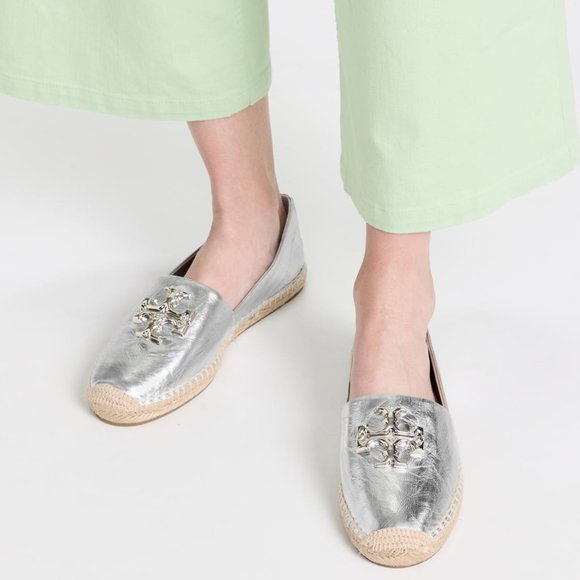 NIB Tory Burch Eleanor Espadrille Leather Flat Metallic Silver 7 7.5 8 8.5 9 9.5 - Picture 2 of 16